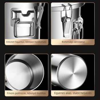 304 rozsdamentes acél gabonatároló edény, zárt, nedvességálló és rovarriasztó, megerősített, nagy kapacitású (>10 L)