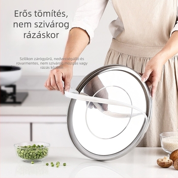 304 rozsdamentes acél gabonatároló edény, zárt, nedvességálló és rovarriasztó, megerősített, nagy kapacitású (>10 L)