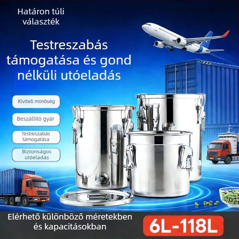 304 rozsdamentes acél gabonatároló edény, zárt, nedvességálló és rovarriasztó, megerősített, nagy kapacitású (>10 L)