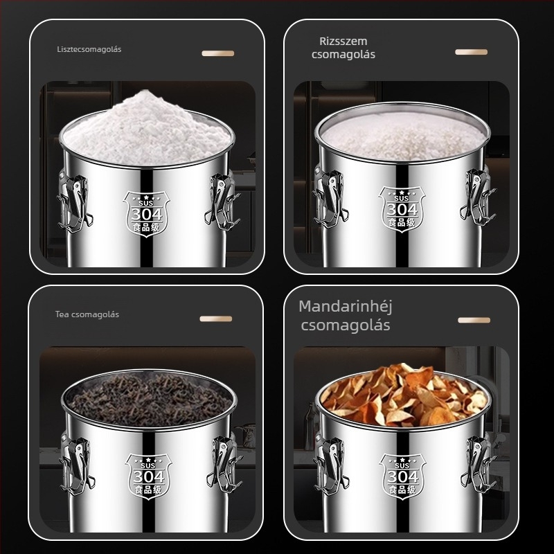 304 rozsdamentes acél gabonatároló edény, zárt, nedvességálló és rovarriasztó, megerősített, nagy kapacitású (>10 L)