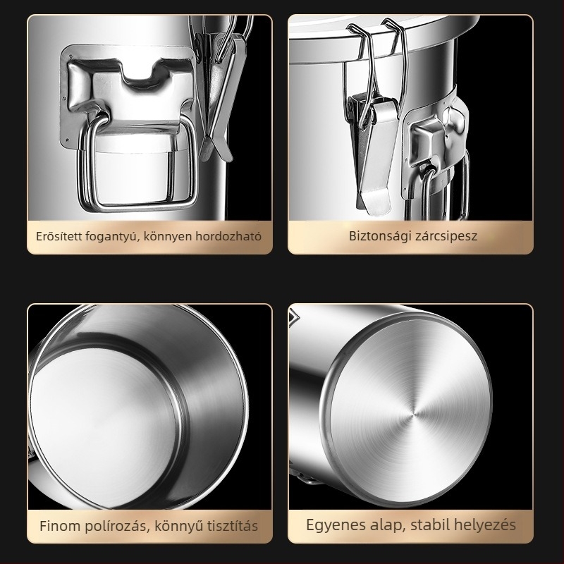 304 rozsdamentes acél gabonatároló edény, zárt, nedvességálló és rovarriasztó, megerősített, nagy kapacitású (>10 L)