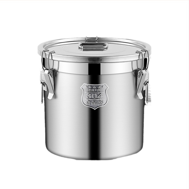 304 rozsdamentes acél gabonatároló edény, zárt, nedvességálló és rovarriasztó, megerősített, nagy kapacitású (>10 L)