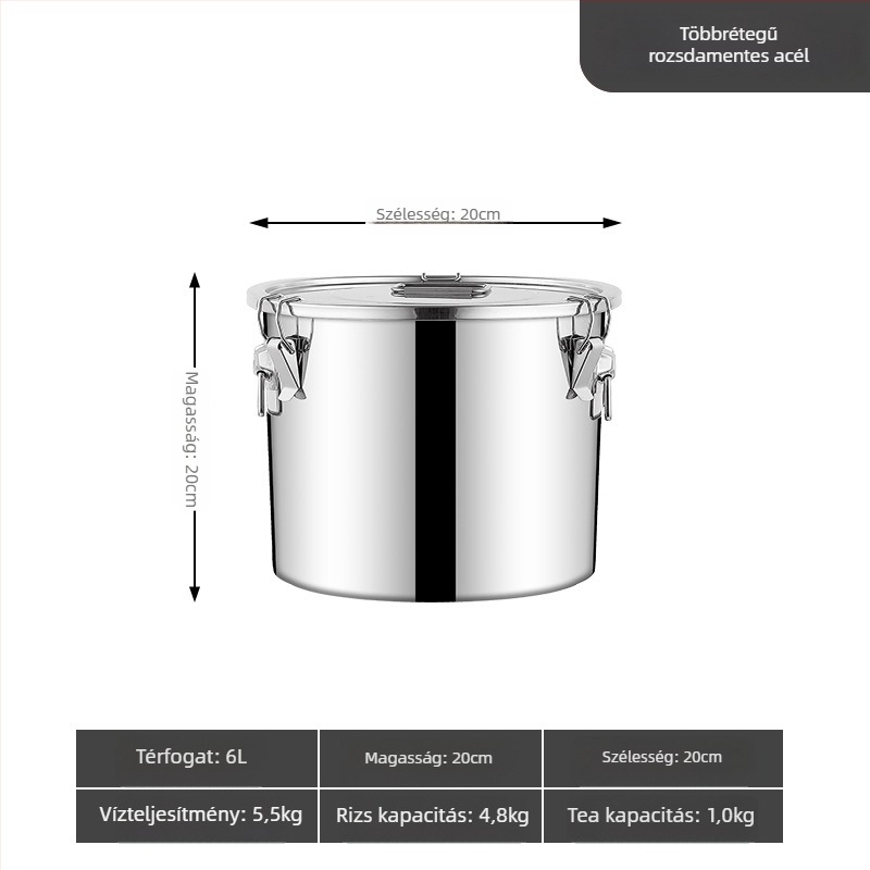 304 rozsdamentes acél gabonatároló edény, zárt, nedvességálló és rovarriasztó, megerősített, nagy kapacitású (>10 L)