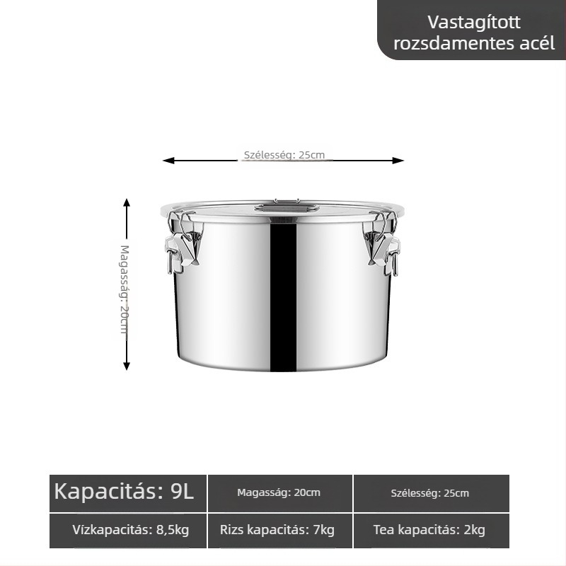 304 rozsdamentes acél gabonatároló edény, zárt, nedvességálló és rovarriasztó, megerősített, nagy kapacitású (>10 L)