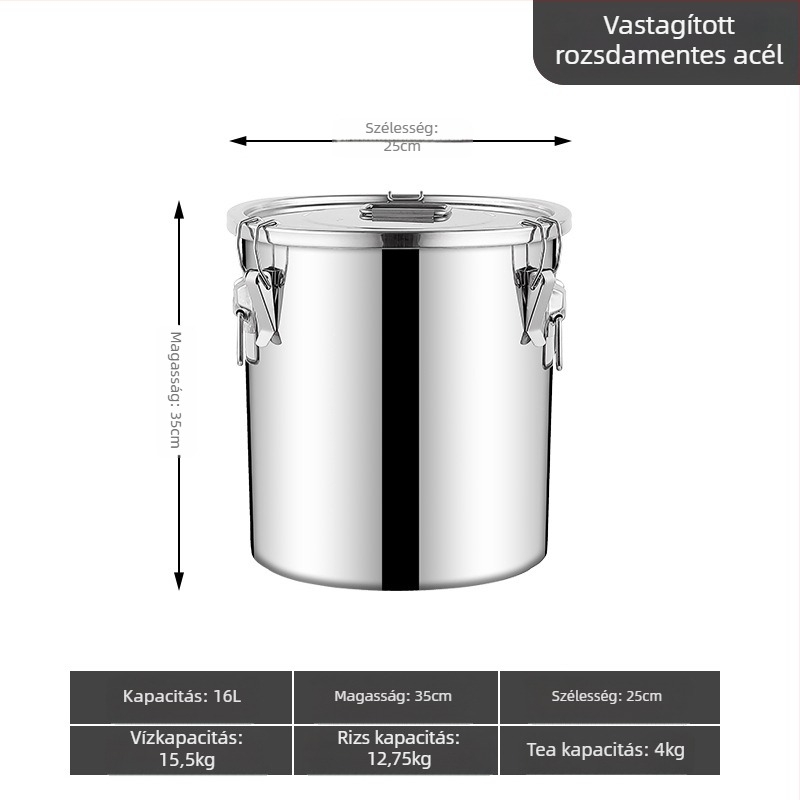304 rozsdamentes acél gabonatároló edény, zárt, nedvességálló és rovarriasztó, megerősített, nagy kapacitású (>10 L)