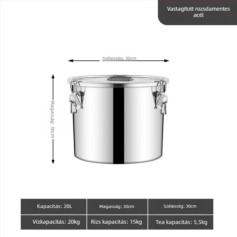 304 rozsdamentes acél gabonatároló edény, zárt, nedvességálló és rovarriasztó, megerősített, nagy kapacitású (>10 L)