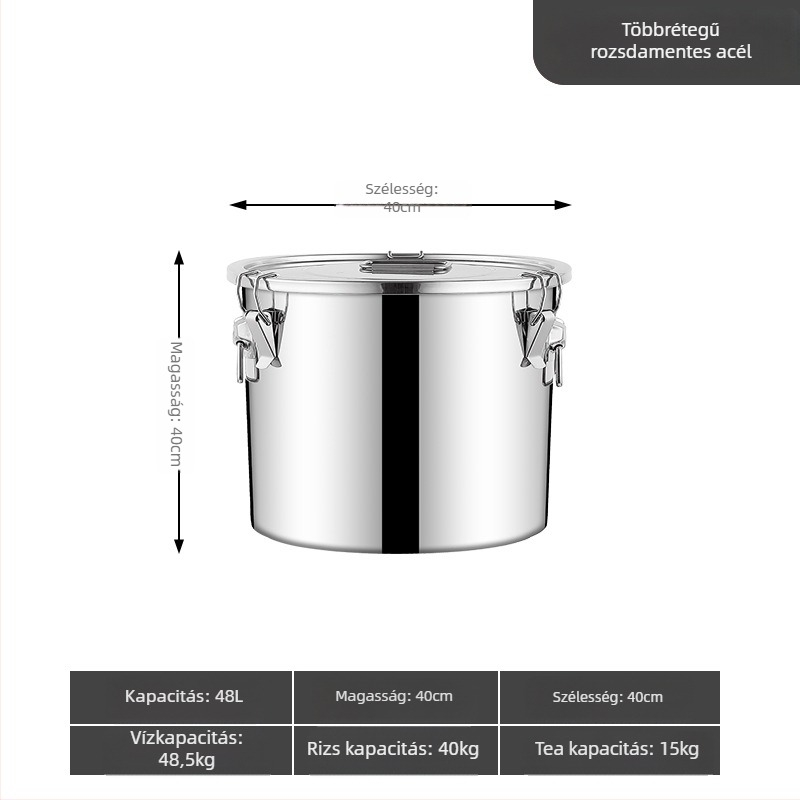 304 rozsdamentes acél gabonatároló edény, zárt, nedvességálló és rovarriasztó, megerősített, nagy kapacitású (>10 L)