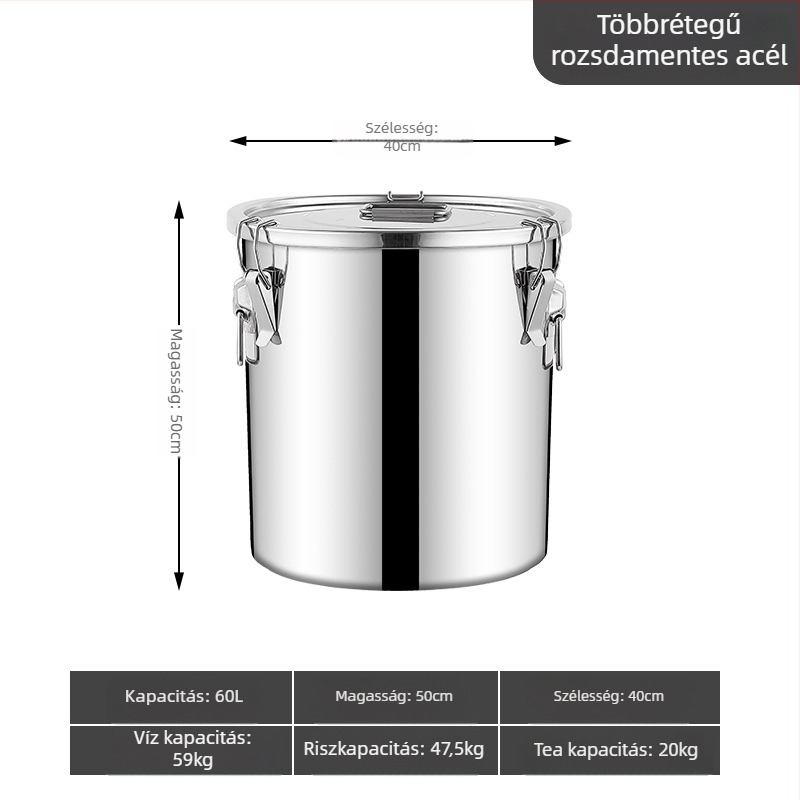 304 rozsdamentes acél gabonatároló edény, zárt, nedvességálló és rovarriasztó, megerősített, nagy kapacitású (>10 L)