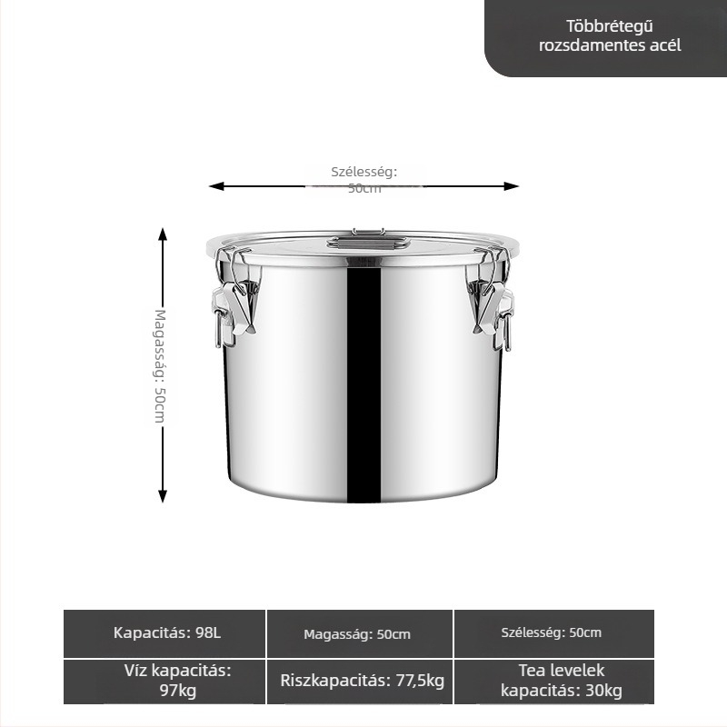 304 rozsdamentes acél gabonatároló edény, zárt, nedvességálló és rovarriasztó, megerősített, nagy kapacitású (>10 L)