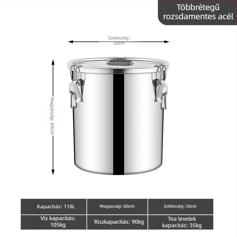 304 rozsdamentes acél gabonatároló edény, zárt, nedvességálló és rovarriasztó, megerősített, nagy kapacitású (>10 L)