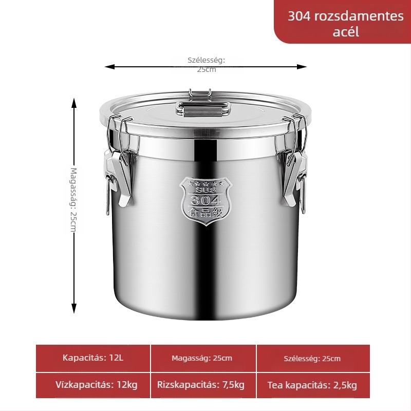 304 rozsdamentes acél gabonatároló edény, zárt, nedvességálló és rovarriasztó, megerősített, nagy kapacitású (>10 L)