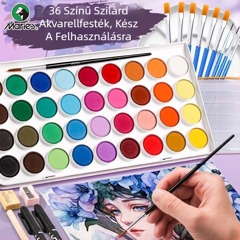 Iskolásoknak szóló akvarellkészlet — Marley/Marie's márka, anyag: akvarell, csomagolás: doboz, cél: akvarell festés.