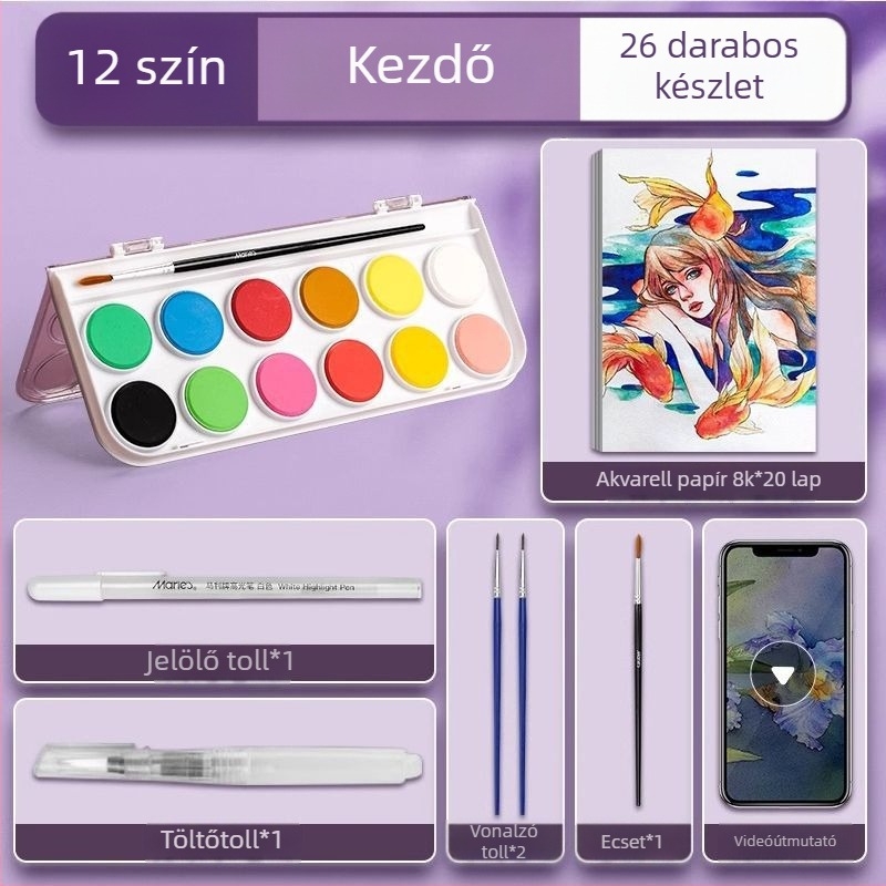 Iskolásoknak szóló akvarellkészlet — Marley/Marie's márka, anyag: akvarell, csomagolás: doboz, cél: akvarell festés.
