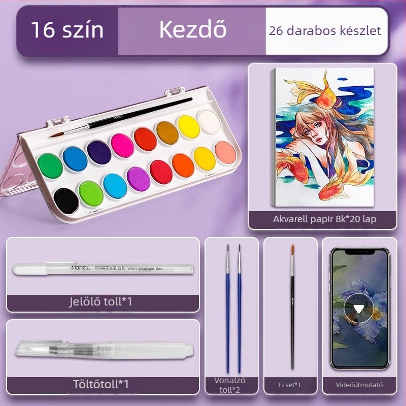 Iskolásoknak szóló akvarellkészlet — Marley/Marie's márka, anyag: akvarell, csomagolás: doboz, cél: akvarell festés.