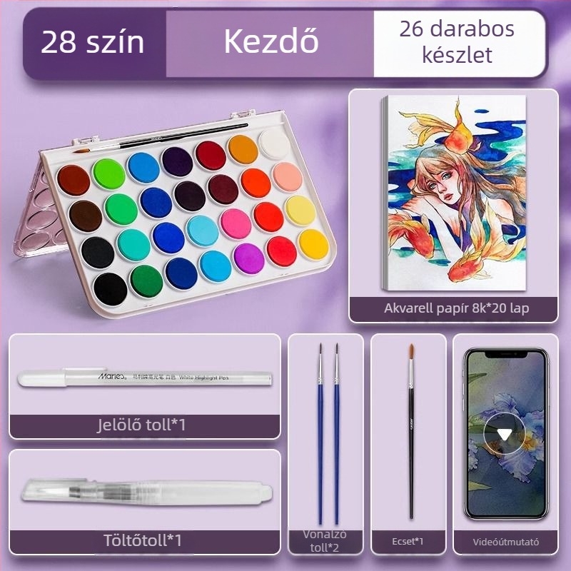 Iskolásoknak szóló akvarellkészlet — Marley/Marie's márka, anyag: akvarell, csomagolás: doboz, cél: akvarell festés.