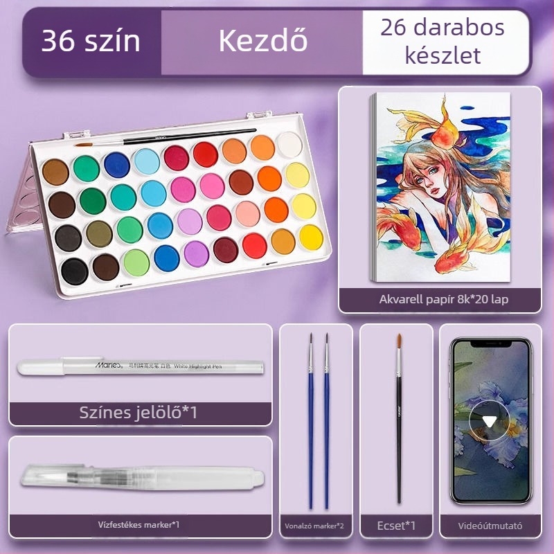 Iskolásoknak szóló akvarellkészlet — Marley/Marie's márka, anyag: akvarell, csomagolás: doboz, cél: akvarell festés.