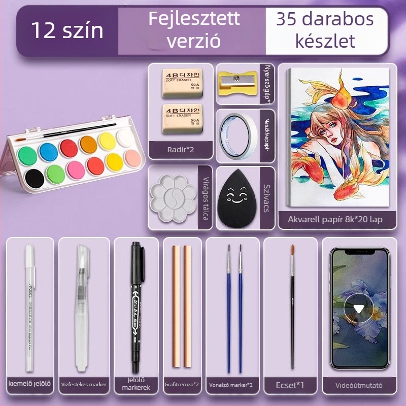 Iskolásoknak szóló akvarellkészlet — Marley/Marie's márka, anyag: akvarell, csomagolás: doboz, cél: akvarell festés.