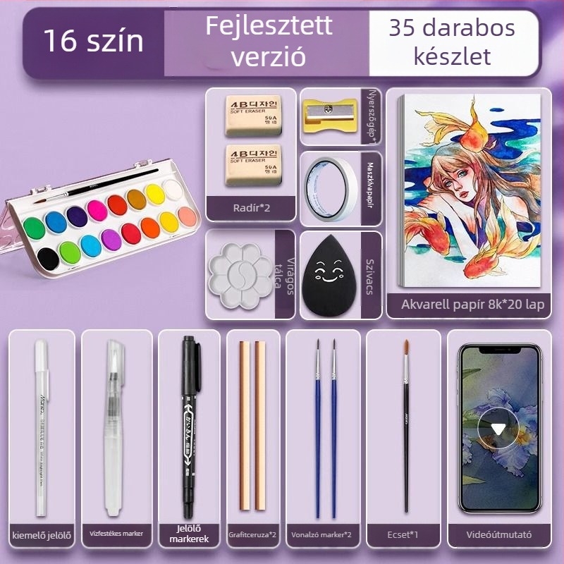 Iskolásoknak szóló akvarellkészlet — Marley/Marie's márka, anyag: akvarell, csomagolás: doboz, cél: akvarell festés.