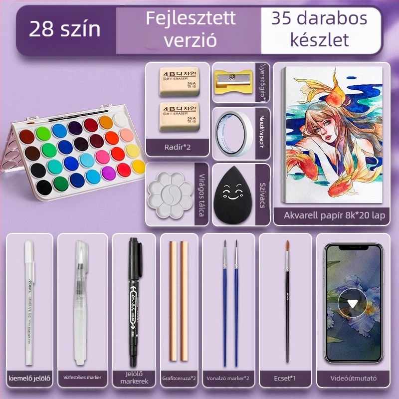 Iskolásoknak szóló akvarellkészlet — Marley/Marie's márka, anyag: akvarell, csomagolás: doboz, cél: akvarell festés.