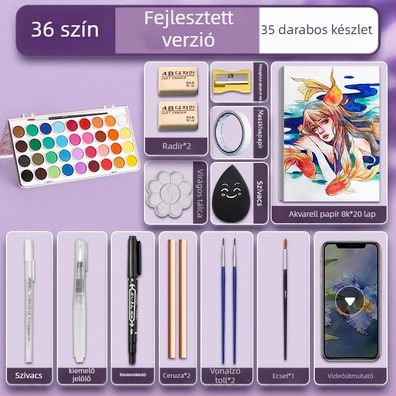 Iskolásoknak szóló akvarellkészlet — Marley/Marie's márka, anyag: akvarell, csomagolás: doboz, cél: akvarell festés.