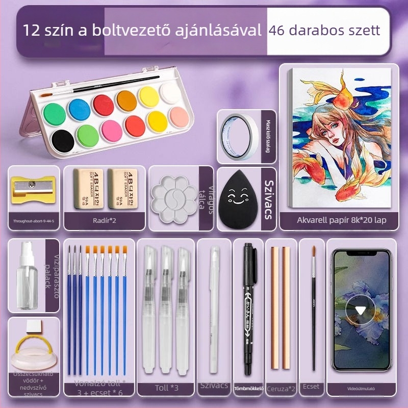 Iskolásoknak szóló akvarellkészlet — Marley/Marie's márka, anyag: akvarell, csomagolás: doboz, cél: akvarell festés.