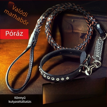 Bőr nyolcszálú kutyapóráz rugós nyakörvvel közepes és nagy testű kutyák számára
