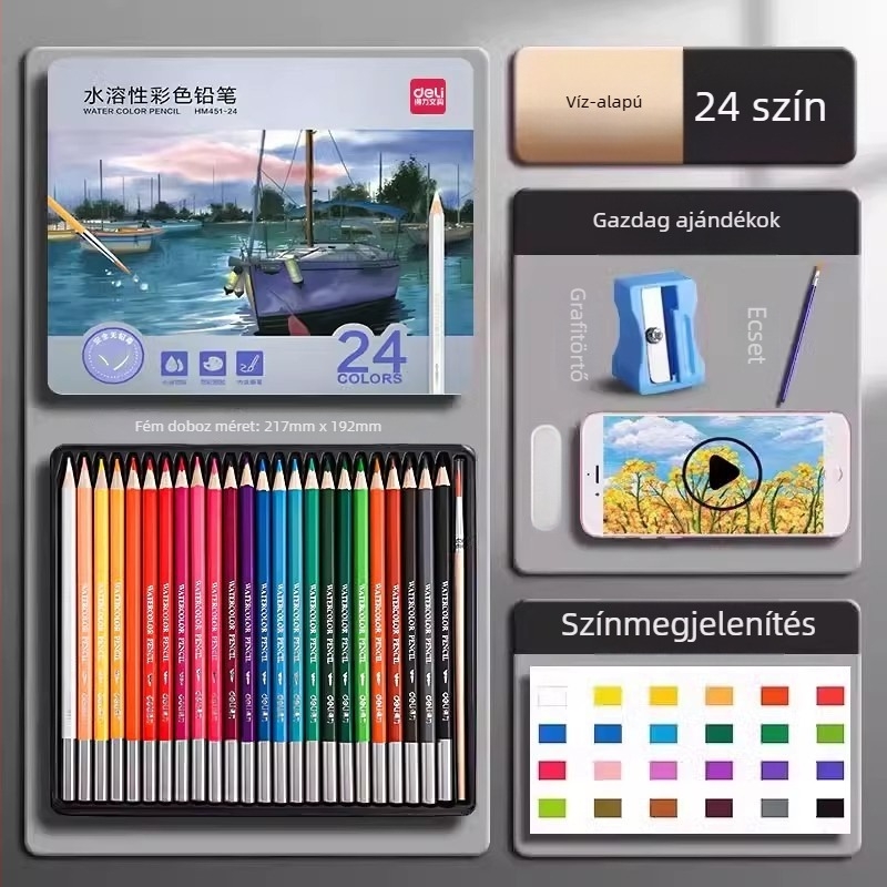 Deli vízben oldódó színes ceruzák fémdobozos készlet diákok számára