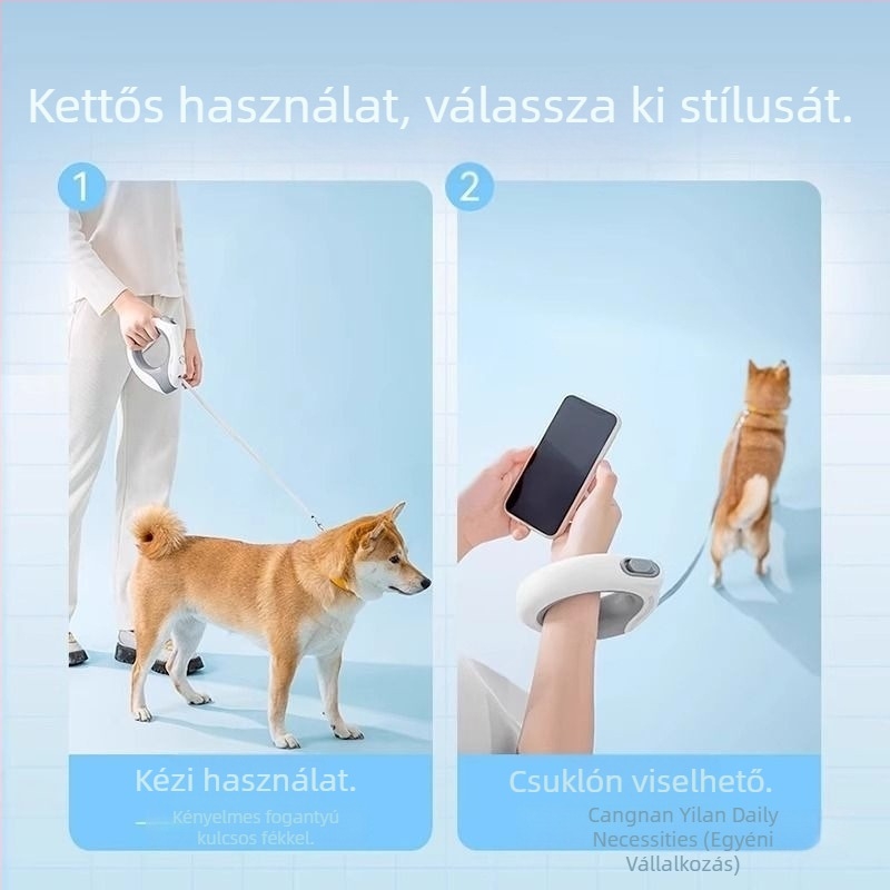 Kutyapóráz visszahúzható gyűrűvel, kéz nélkül használható, húzás elleni és fulladás elleni kialakítás