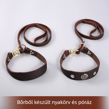 Kutya nyakörv és kötélpóráz, tehénbőr, vékony kialakítás, vontatóöv