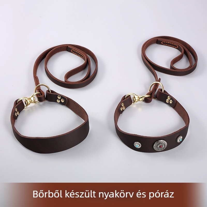 Kutya nyakörv és kötélpóráz, tehénbőr, vékony kialakítás, vontatóöv