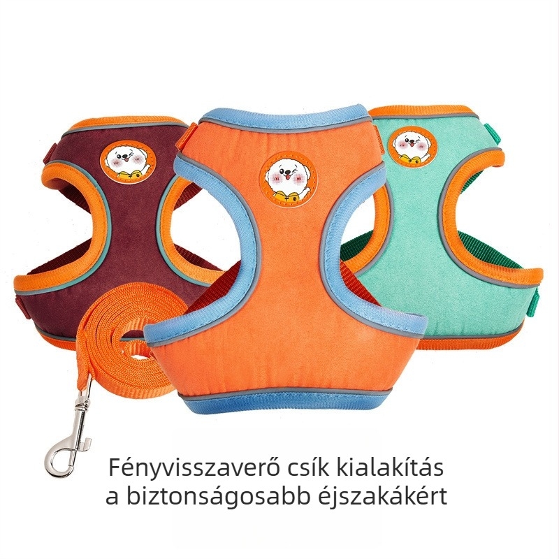 Fényvisszaverő színblokkolt velúr mellény pórázzal és hámmal macskáknak és kistestű kutyáknak