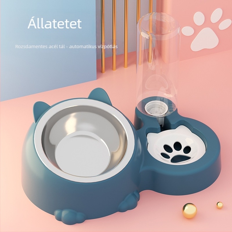 Automata macska víz- és etetőtál nyakvédővel és öntés elleni dizájnnal (műanyag)