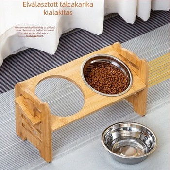 Fából készült macska tálállvány dupla tálakkal — etetőállvány macskáknak (Anyag: Fa; Cél: Macska; Kategória: Állat etetőeszközök)