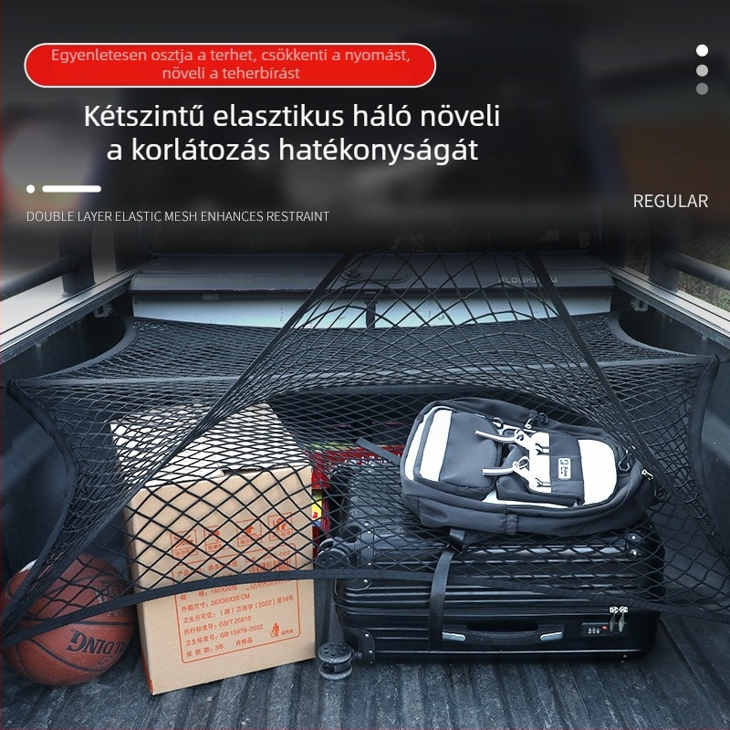 Hátsó csomagtartó háló, poliészter, univerzális illeszkedés, összecsukható, testreszabható, logó nyomtatása elérhető