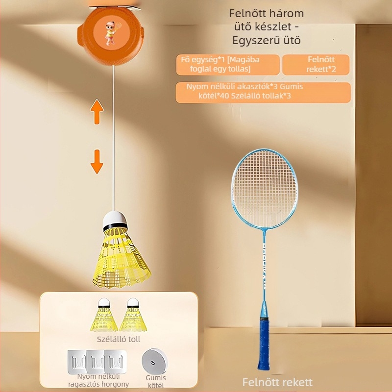 Automatikus visszahúzódó badminton tréner, családi interaktív edzés, 3 darabos készlet, keret acél-ötvözetből, nylon húrok, 90–94 g