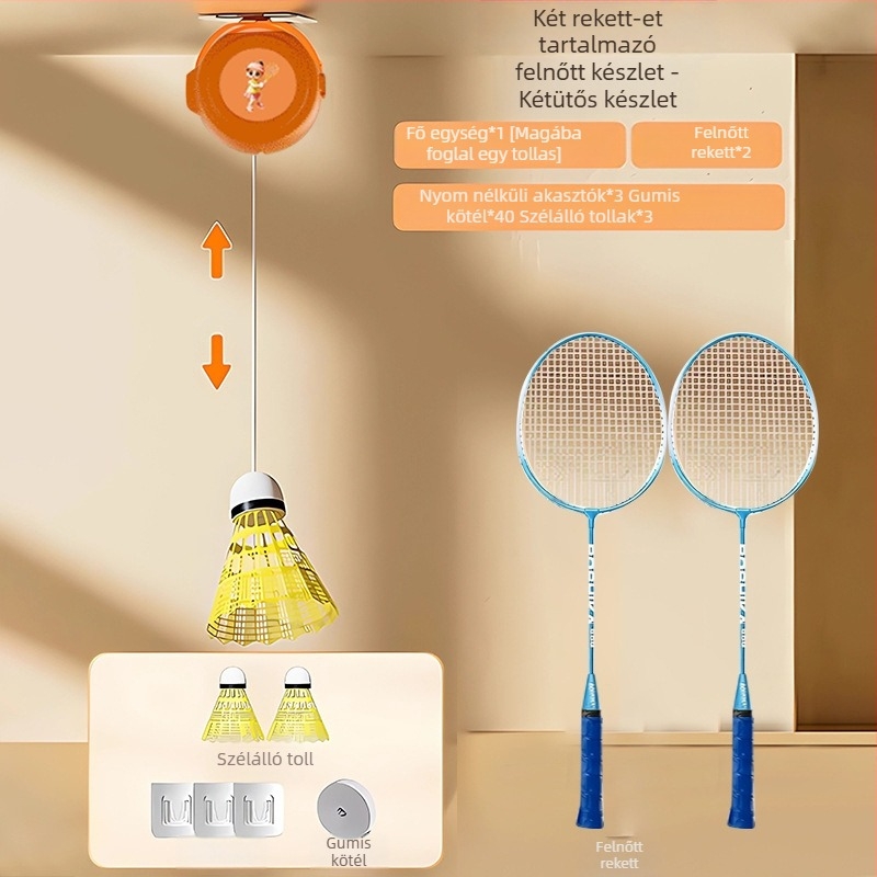 Automatikus visszahúzódó badminton tréner, családi interaktív edzés, 3 darabos készlet, keret acél-ötvözetből, nylon húrok, 90–94 g