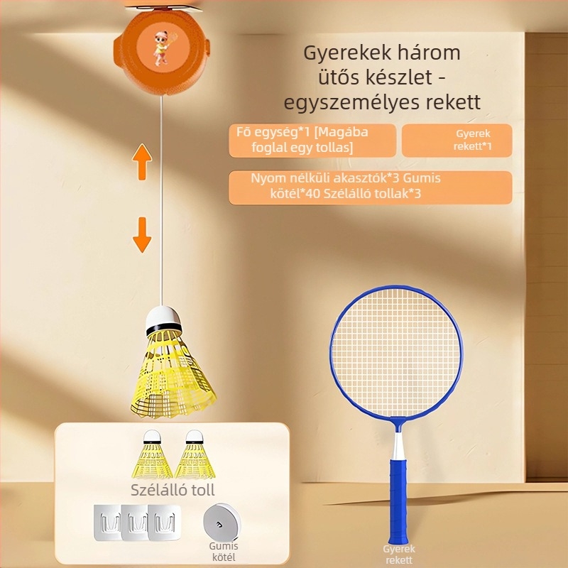 Automatikus visszahúzódó badminton tréner, családi interaktív edzés, 3 darabos készlet, keret acél-ötvözetből, nylon húrok, 90–94 g