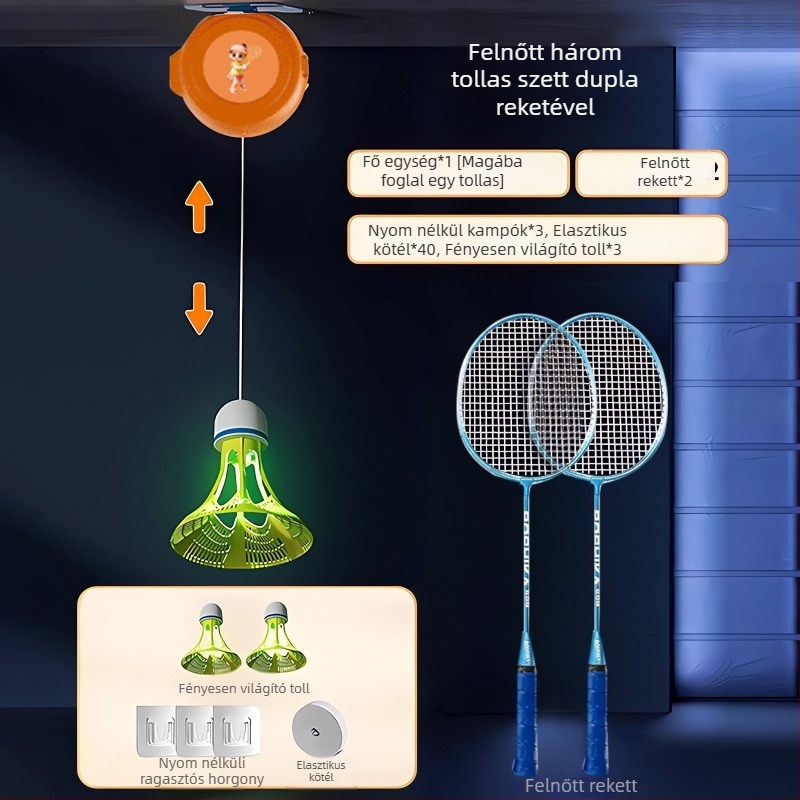 Automatikus visszahúzódó badminton tréner, családi interaktív edzés, 3 darabos készlet, keret acél-ötvözetből, nylon húrok, 90–94 g
