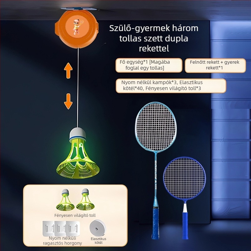 Automatikus visszahúzódó badminton tréner, családi interaktív edzés, 3 darabos készlet, keret acél-ötvözetből, nylon húrok, 90–94 g