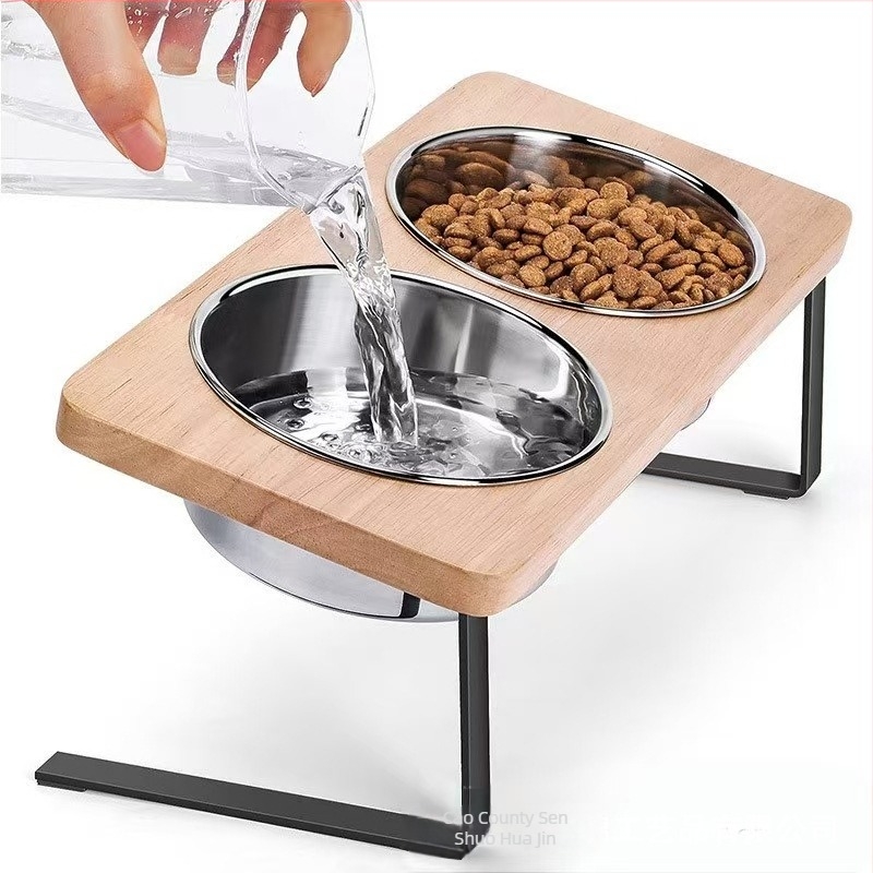 Fa macska tál állvány dupla tálakkal, emelt, modell 0109, márka Senshuo Huajin Crafts