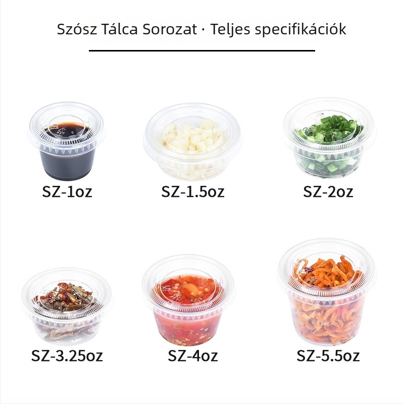 Egyszer használatos kerek PET műanyag pohárkák fedéllel, szószok és pudingok számára, kapacitás kevesebb mint 100 ml, készlet