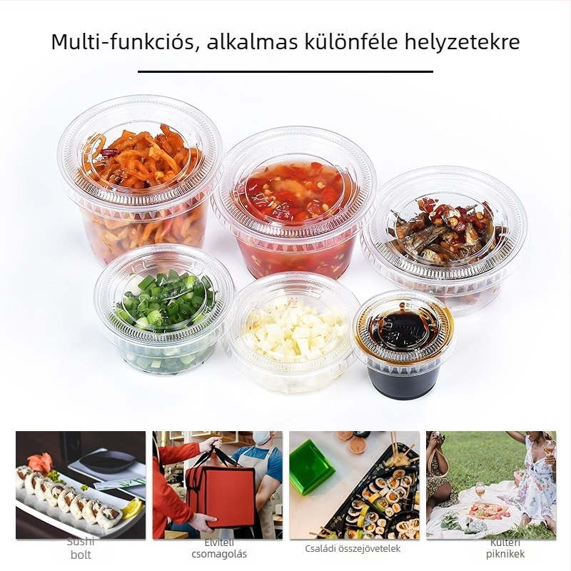 Egyszer használatos kerek PET műanyag pohárkák fedéllel, szószok és pudingok számára, kapacitás kevesebb mint 100 ml, készlet