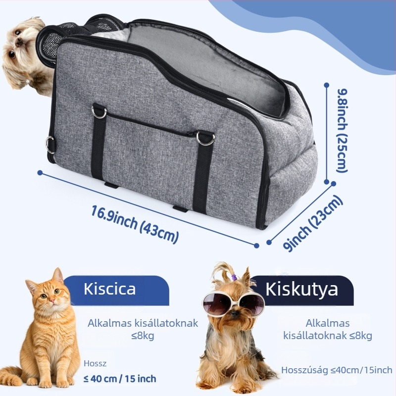 Autóba használható kisállat hordtáska — kis méretű kutyáknak és macskáknak, Oxford anyag, kapacitás 4 kg-ig, utazó autóülés