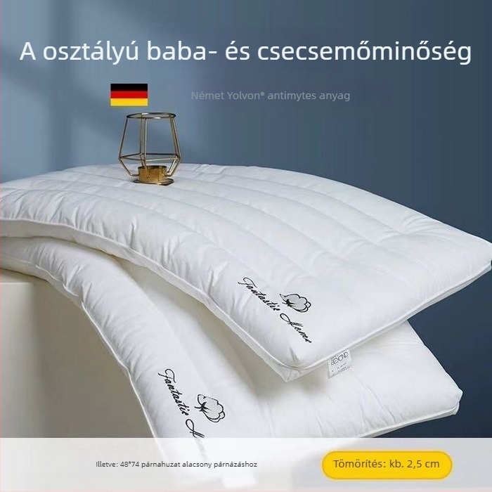 Alacsony profilú téglalap alakú párna, ultra vékony kialakítás; töltet: 65% szója rost és 35% antibakteriális rost; 100% pamut szövet; antimikrobiális és atka elleni védelem; egy személyre