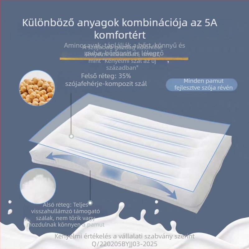 Alacsony profilú téglalap alakú párna, ultra vékony kialakítás; töltet: 65% szója rost és 35% antibakteriális rost; 100% pamut szövet; antimikrobiális és atka elleni védelem; egy személyre