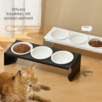 Szénacélból készült etető- és itatóállvány kerámiatálakkal, három tál, ferde szájú, anti-tip funkció