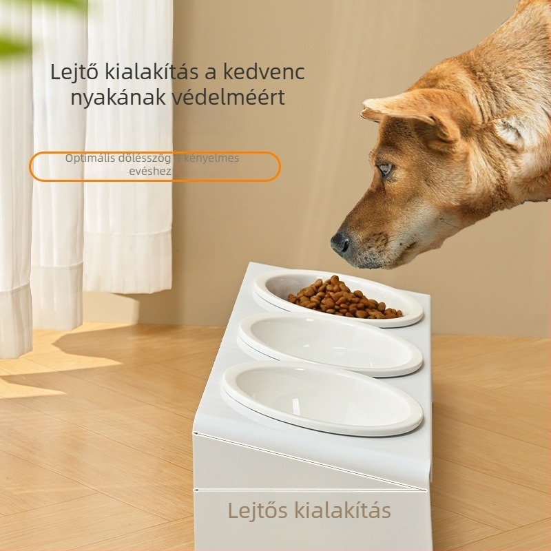 Szénacélból készült etető- és itatóállvány kerámiatálakkal, három tál, ferde szájú, anti-tip funkció