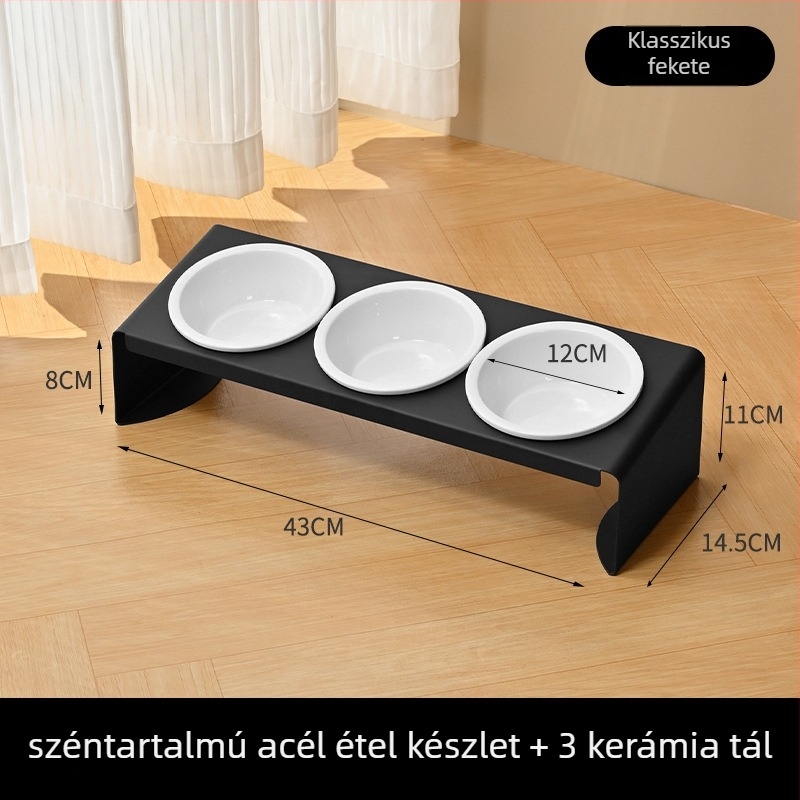 Szénacélból készült etető- és itatóállvány kerámiatálakkal, három tál, ferde szájú, anti-tip funkció