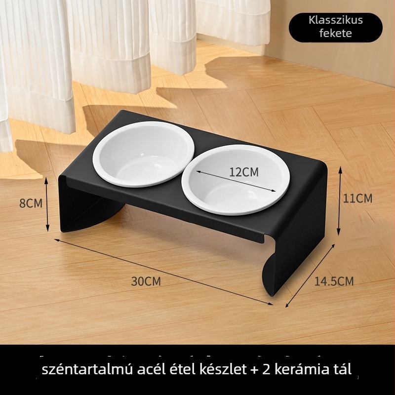 Szénacélból készült etető- és itatóállvány kerámiatálakkal, három tál, ferde szájú, anti-tip funkció