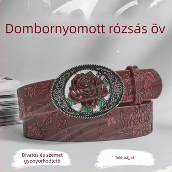 Női PU bőrből készült öv rózsa reliefes mintával, Y2K nyugati stílusú, vintage kiegészítő